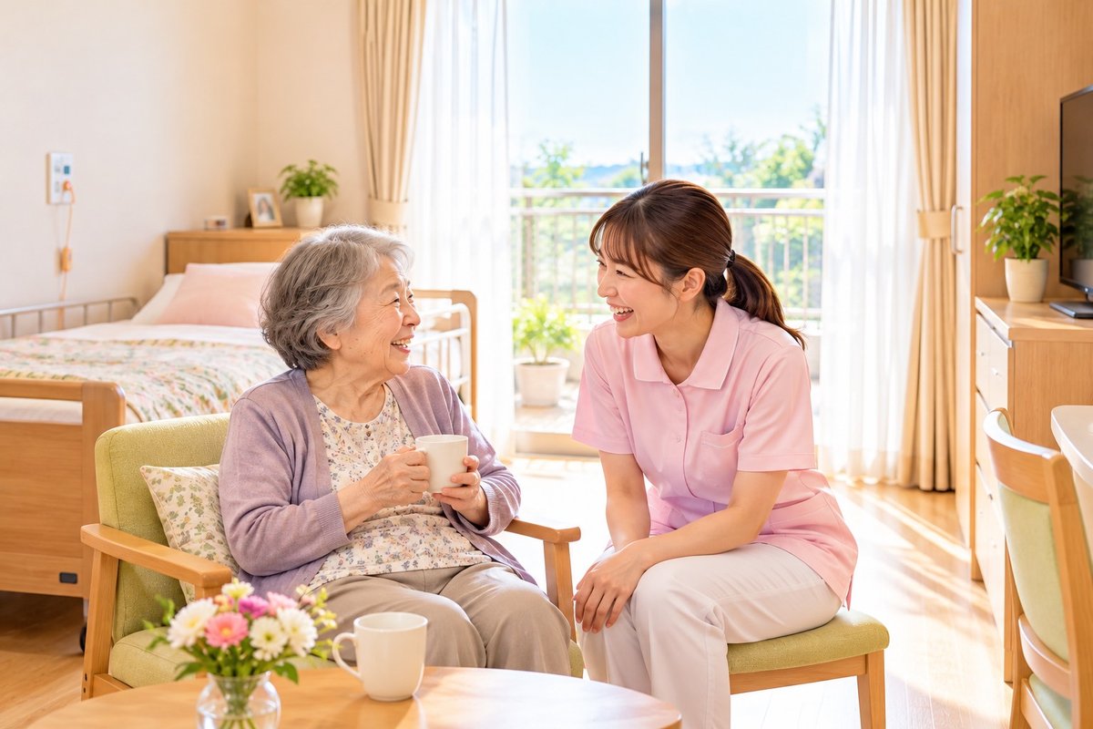 明るい居室で、ご高齢の女性とスタッフが笑顔で話している様子