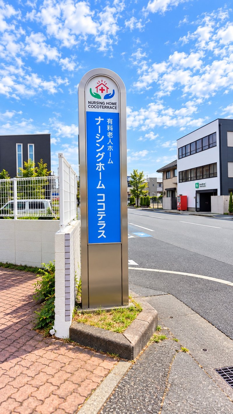 道路沿いに立つ「有料老人ホーム ナーシングホーム ココテラス」の青い看板